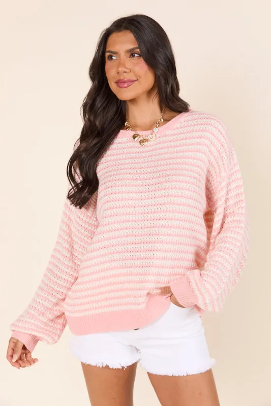 Lennon Blush and Ivory Scoop Neck Long Sleeve Knit Sweater made by Pink Lily