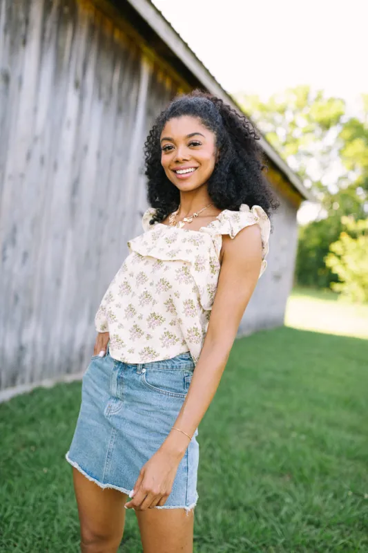 Mary Pink And Green Floral Printed Gauze Woven Shell sold by Pink Lily