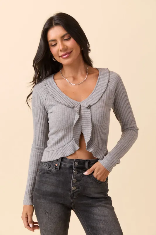 Linda Grey Ruffled Neckline Long Sleeve Knit Top sold by Pink Lily