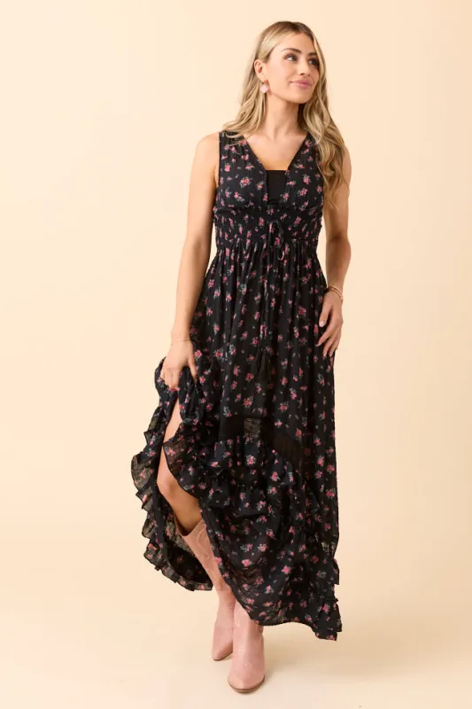 Lucky To Have You Sleeveless Black Floral Maxi Dress sold by Pink Lily