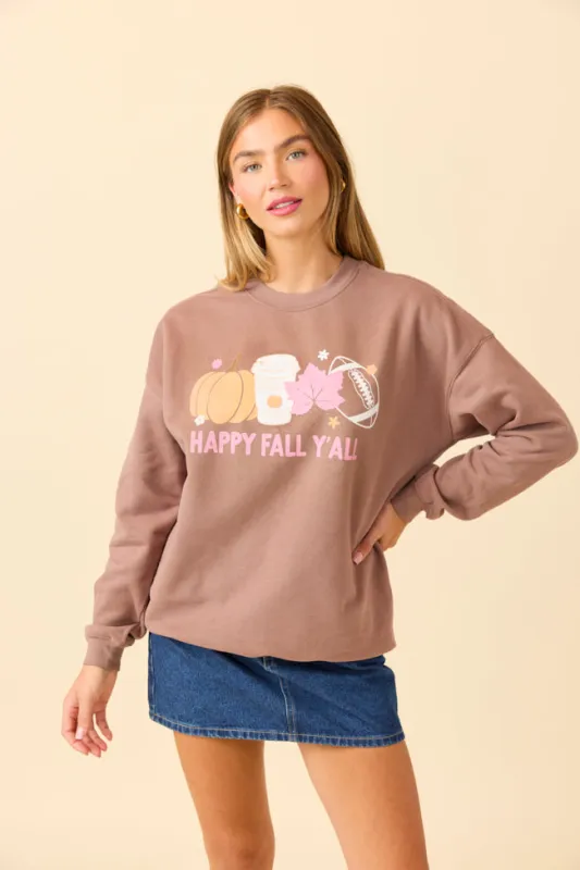 Happy Fall Y'all Mocha Graphic Sweatshirt made by Pink Lily