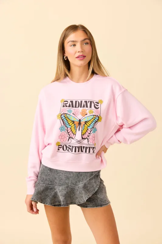 Radiate Positivity Soft Pink Raw Hem Fleece Graphic Sweatshirt sold by Pink Lily