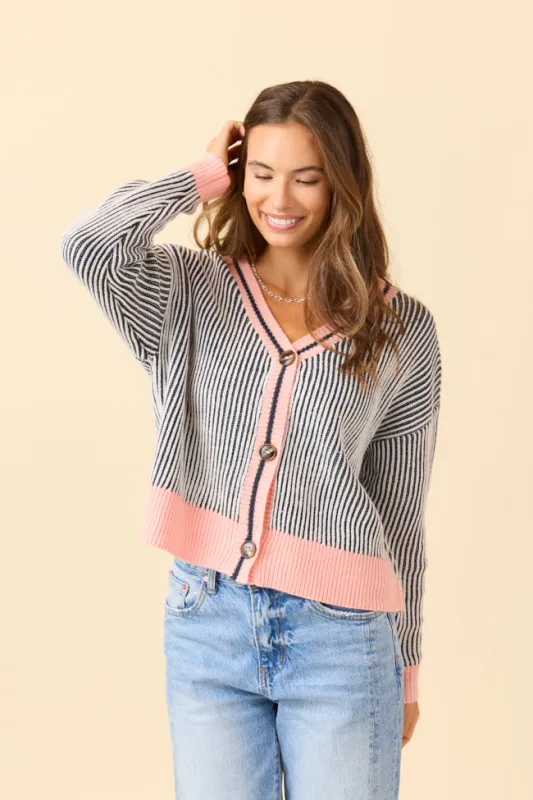 Alma Textured Navy Striped Knit Cardigan sold by Pink Lily