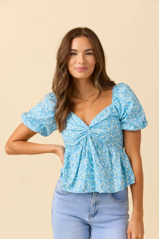 Twist On Things Blue Floral Twist Bust Woven Blouse sold by Pink Lily