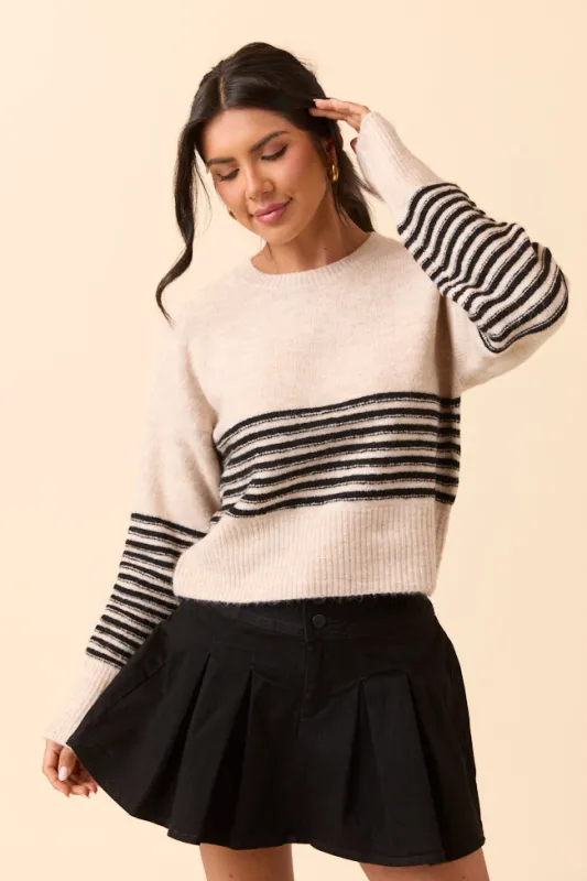 Zari Grey and Black Striped Sweater sold by Pink Lily