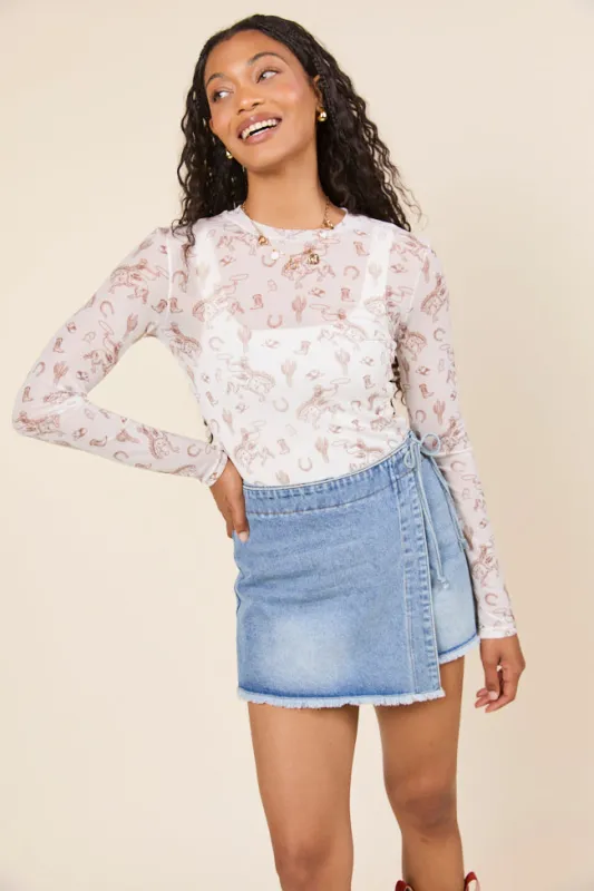 Darlene Long Sleeve White Rodeo Mesh Crewneck Top sold by Pink Lily