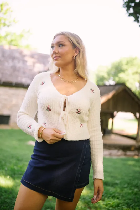Jordyn Long Sleeve Ivory Tie Front Floral Embroidered Cardigan sold by Pink Lily