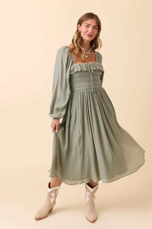 Summer Olive Smocked Maxi Dress sold by Pink Lily