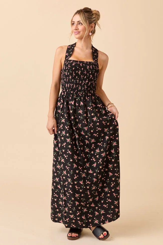 Jalissa Black Floral Criss Cross Back Maxi Dress SALE sold by Pink Lily
