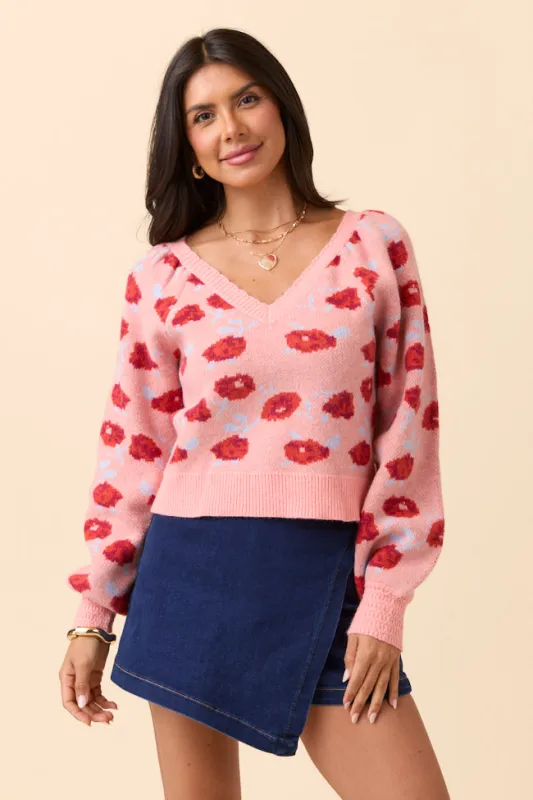 Amara Long Sleeve Blush Floral V Neck Sweater SALE sold by Pink Lily