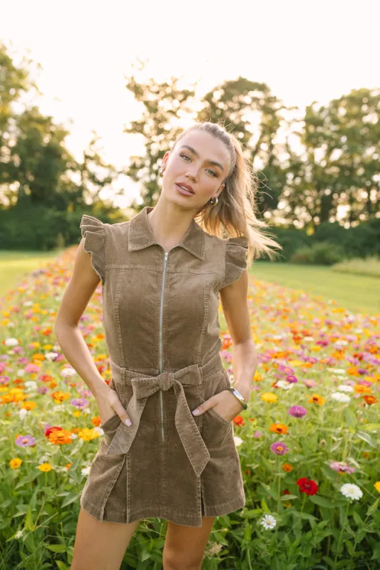 Amelie Brown Corduroy Ruffle Sleeve Romper SALE sold by Pink Lily