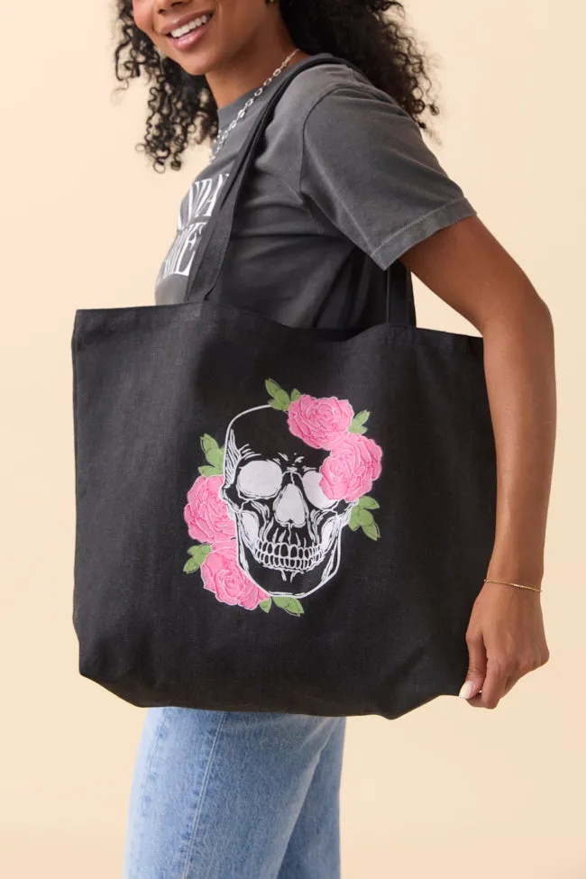 Skull and Roses Washed Black Graphic Tote Bag sold by Pink Lily