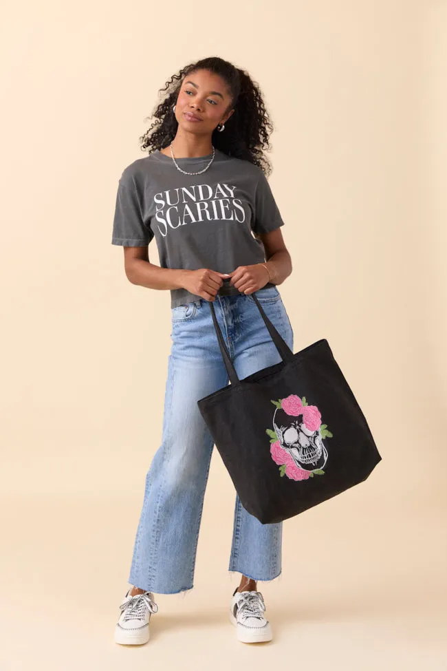 Skull and Roses Washed Black Graphic Tote Bag sold by Pink Lily product image thumbnail 2