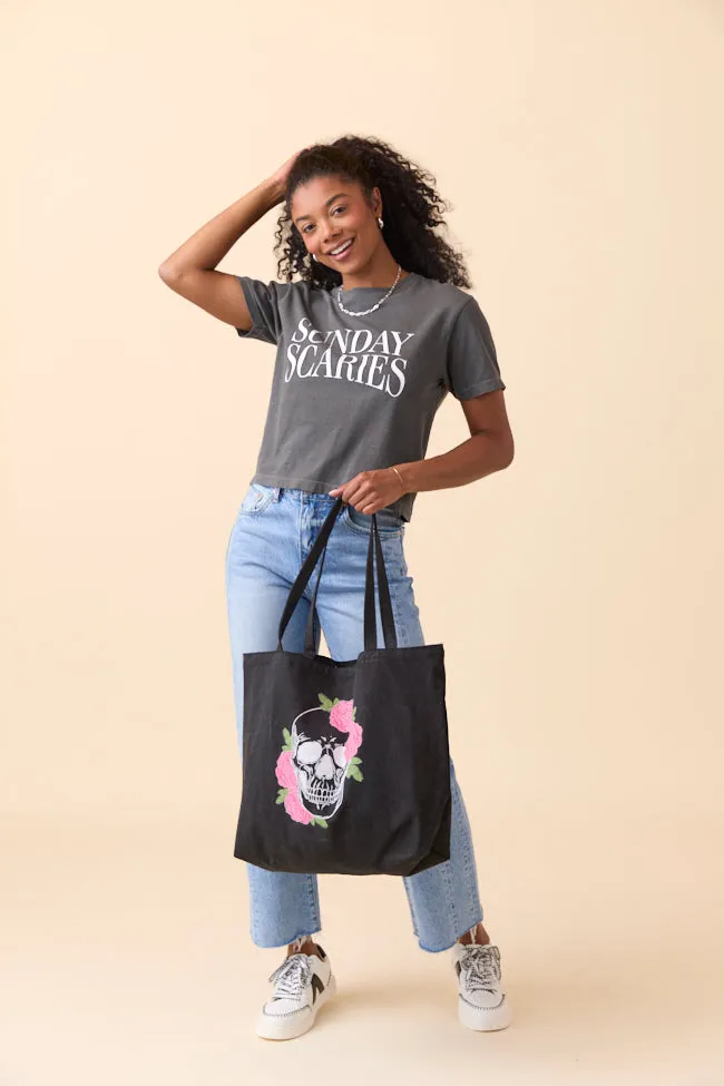 Skull and Roses Washed Black Graphic Tote Bag sold by Pink Lily product image thumbnail 3
