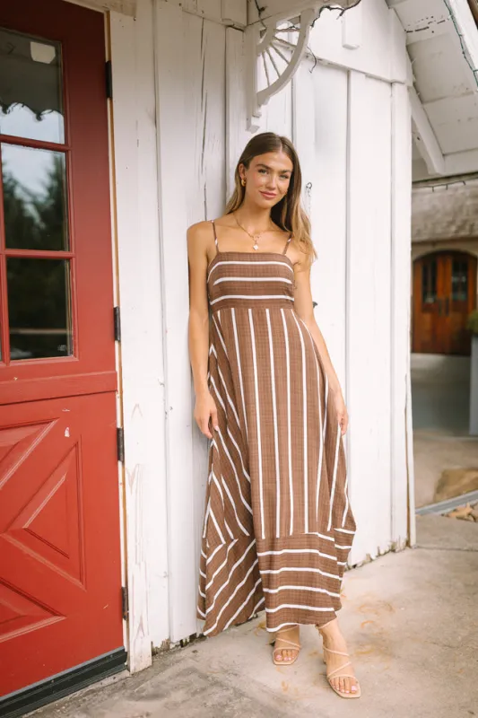 Come Sail Away Brown Striped Maxi Dress SALE sold by Pink Lily