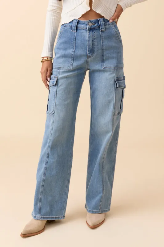 Annika Medium Wash Denim Utility Jeans sold by Pink Lily
