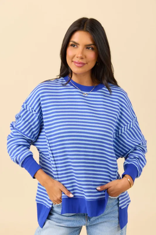 Kara Blue Stripe Waffle Pullover sold by Pink Lily