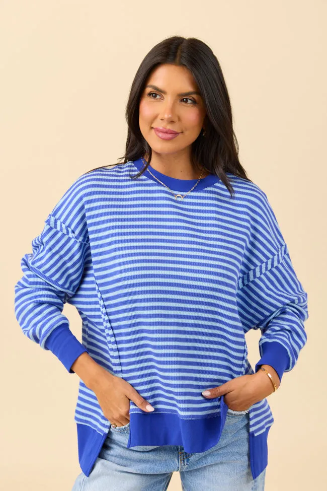 Kara Blue Stripe Waffle Pullover sold by Pink Lily