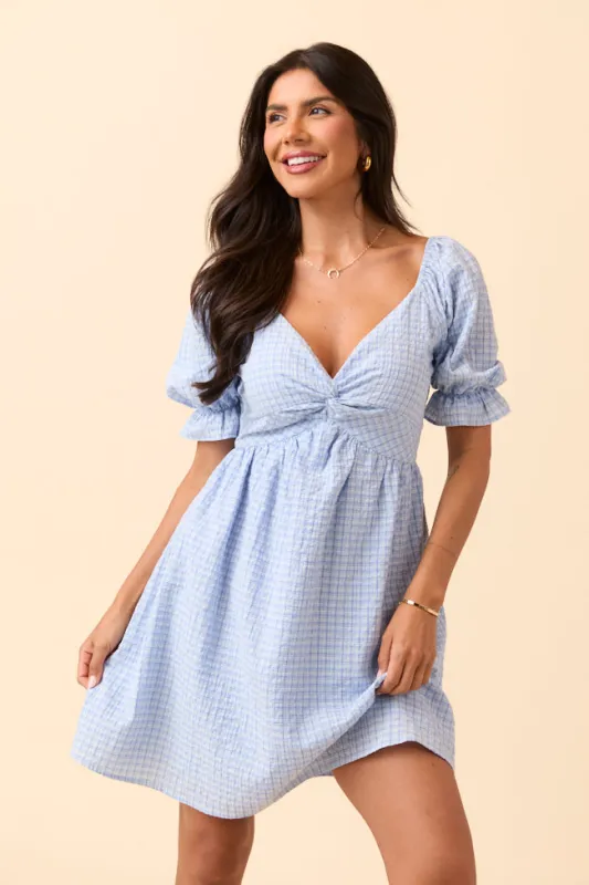 Tarah Blue Gingham Knot Front Mini Dress sold by Pink Lily
