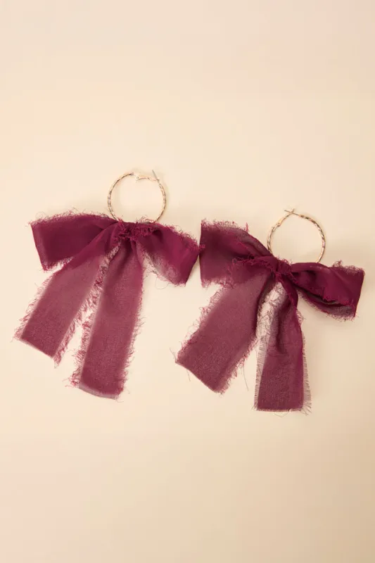 Molly Wine Bow Hoop Earrings sold by Pink Lily