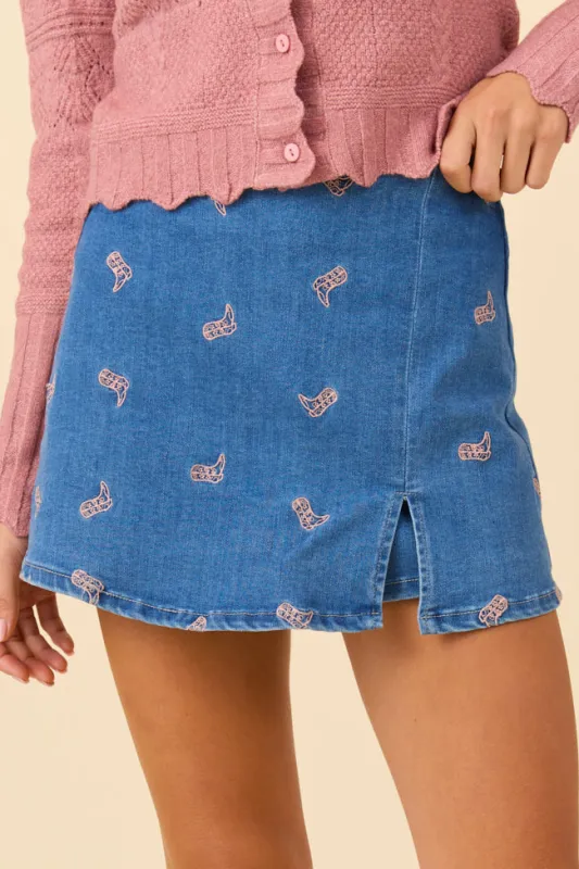 My Favorite Medium Wash Boot Embroidery Skort sold by Pink Lily