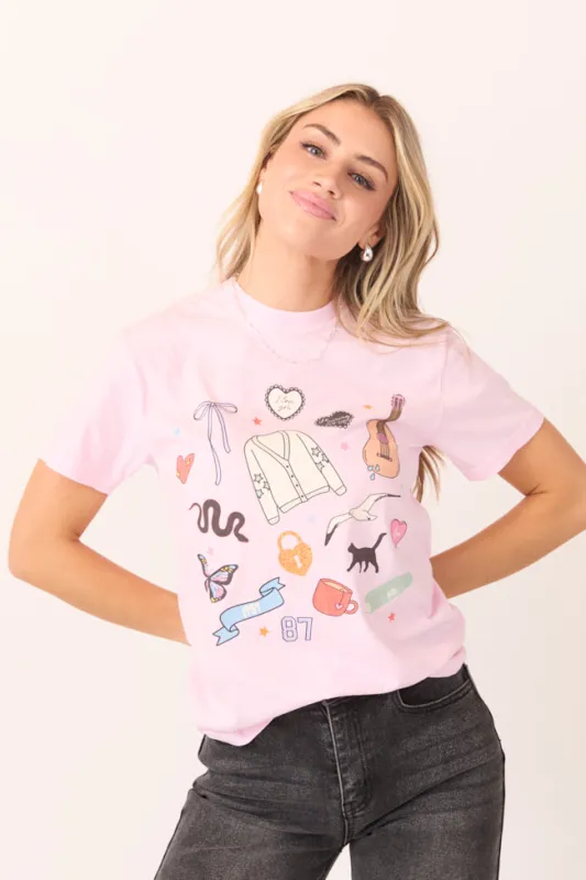 Eras Multi Icons Light Pink Graphic Tee made by Pink Lily