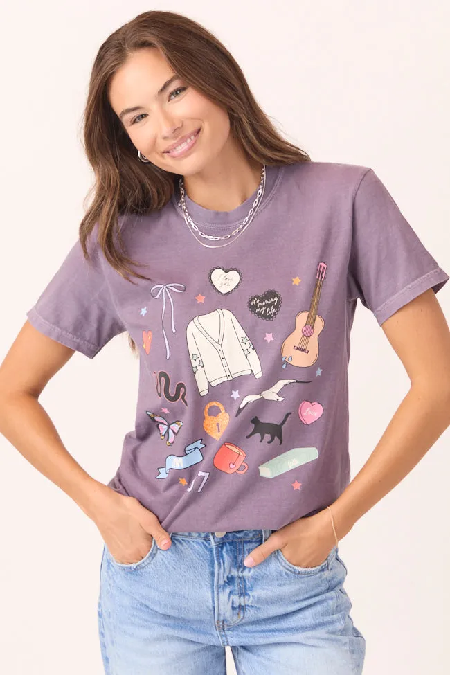 Eras Multi Icons Purple Graphic Tee sold by Pink Lily