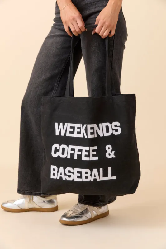 Weekends Coffee and Baseball Washed Black Graphic Tote Bag sold by Pink Lily
