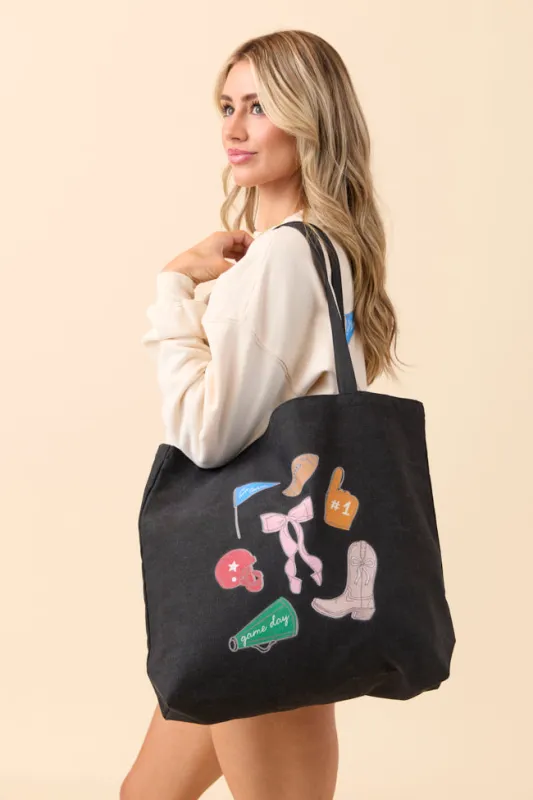 Saturday Tailgate Club Washed Black Graphic Tote Bag sold by Pink Lily