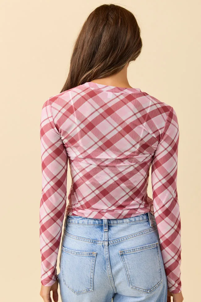 Ansley Long Sleeve Pink Plaid Mesh Crewneck Top FINAL SALE sold by Pink Lily product image thumbnail 4