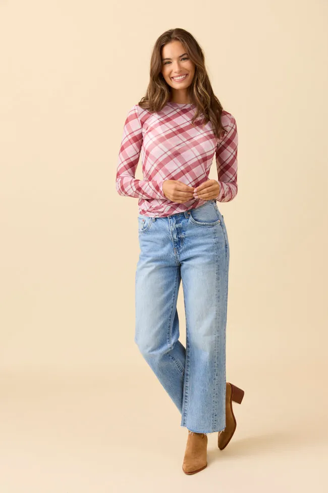 Ansley Long Sleeve Pink Plaid Mesh Crewneck Top FINAL SALE sold by Pink Lily product image thumbnail 2