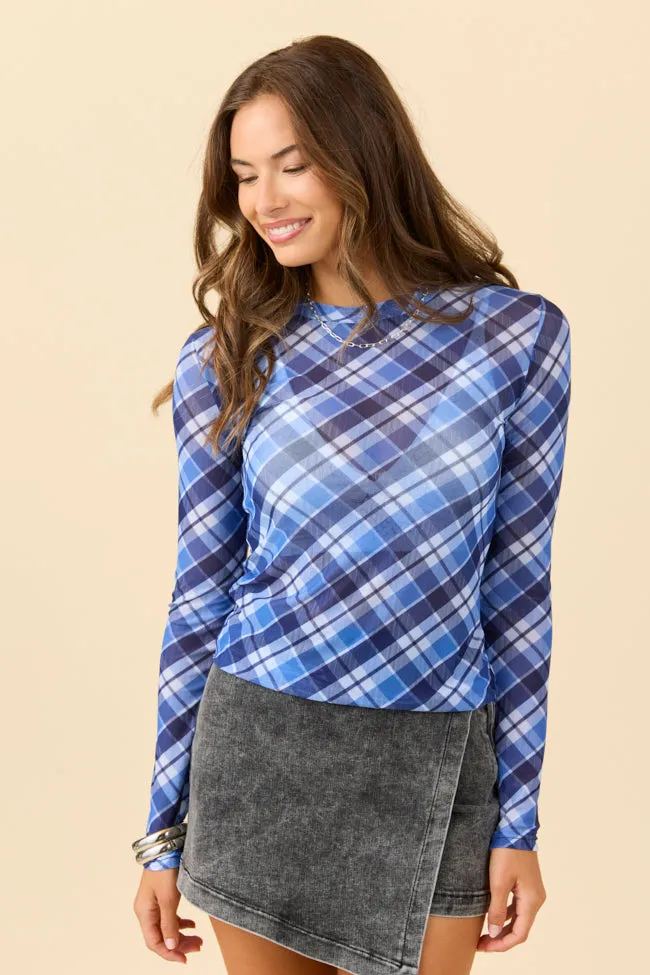 Ansley Long Sleeve Blue Plaid Mesh Crewneck Top FINAL SALE sold by Pink Lily product image thumbnail 2