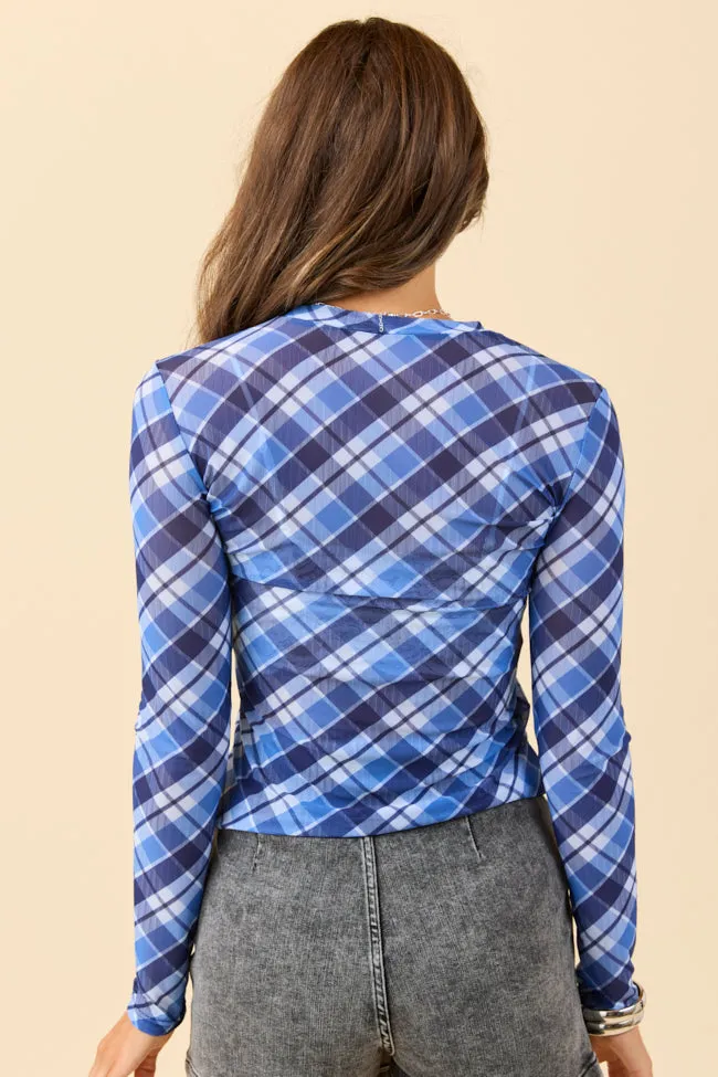Ansley Long Sleeve Blue Plaid Mesh Crewneck Top FINAL SALE sold by Pink Lily product image thumbnail 4
