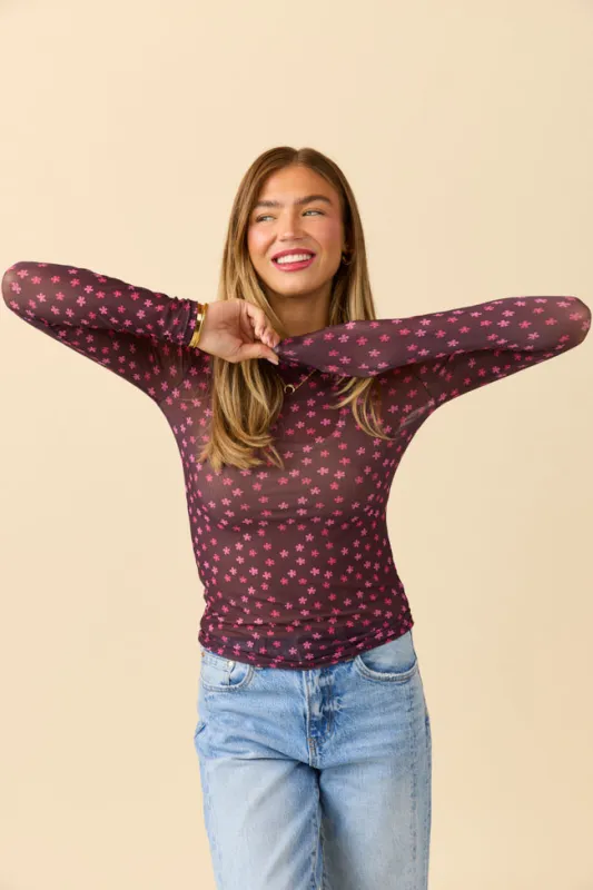 Ansley Long Sleeve Brown Floral Mesh Crewneck Top DOORBUSTER sold by Pink Lily