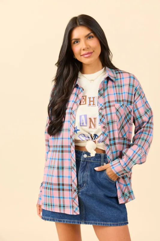 Rory Pink and Blue Plaid Flannel Button Down Top sold by Pink Lily
