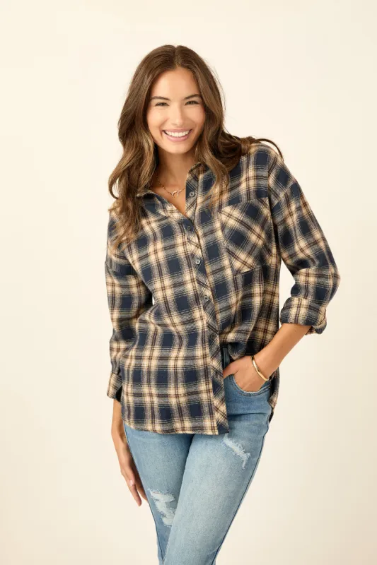 Rory Navy and Cream Plaid Flannel Button Down Top SALE sold by Pink Lily