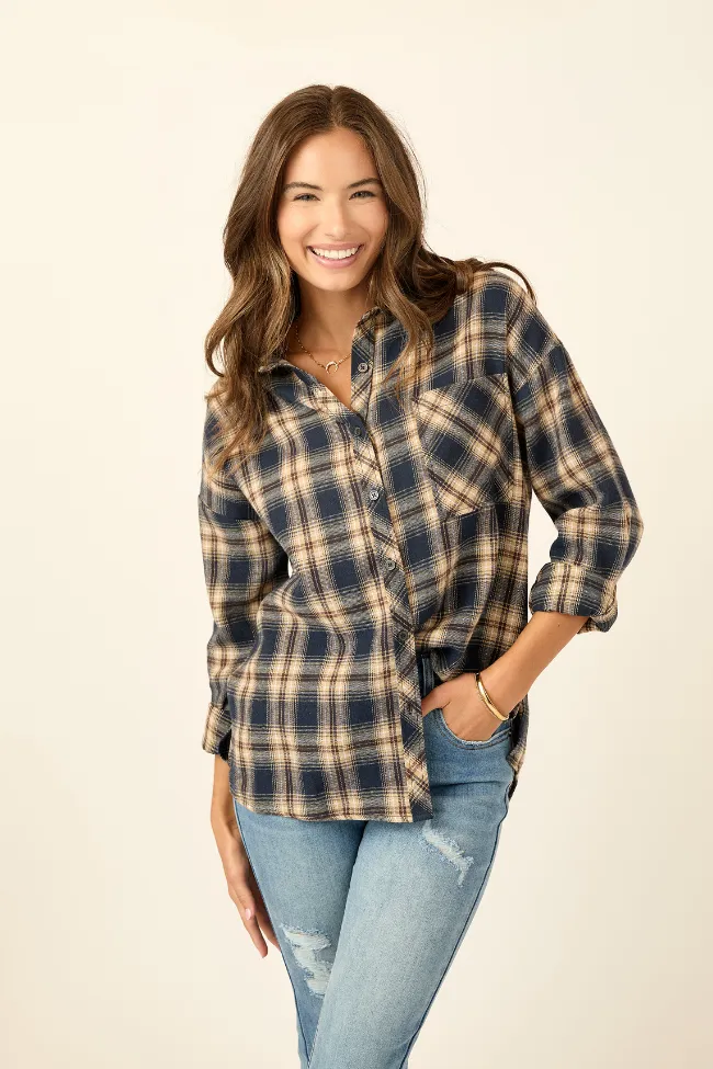 Rory Navy and Cream Plaid Flannel Button Down Top SALE sold by Pink Lily