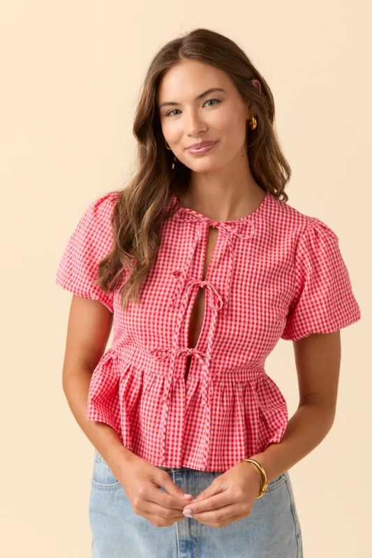 Mila Red Gingham Tie Front Flounce Woven Blouse sold by Pink Lily