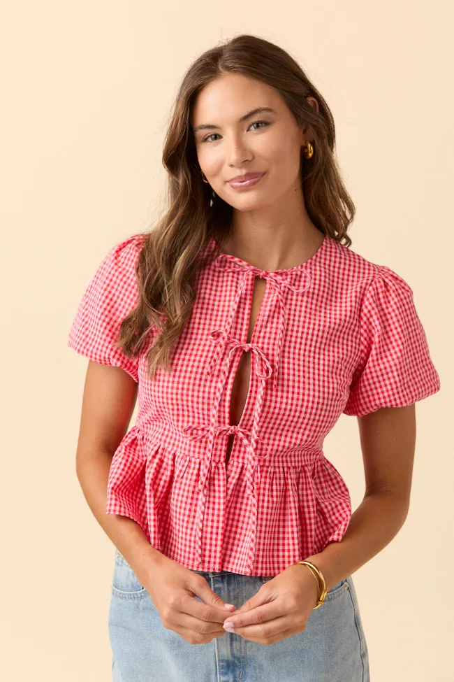 Mila Red Gingham Tie Front Flounce Woven Blouse sold by Pink Lily