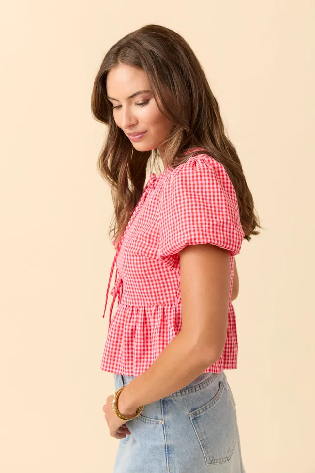 Mila Red Gingham Tie Front Flounce Woven Blouse sold by Pink Lily product image thumbnail 3