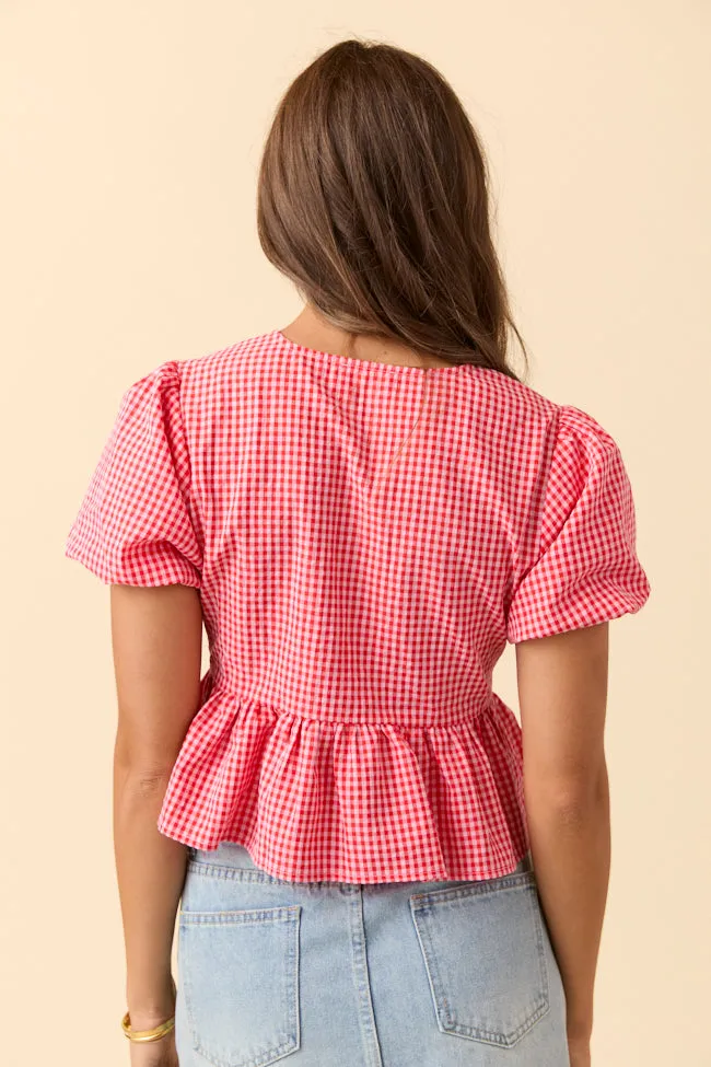 Mila Red Gingham Tie Front Flounce Woven Blouse sold by Pink Lily product image thumbnail 4
