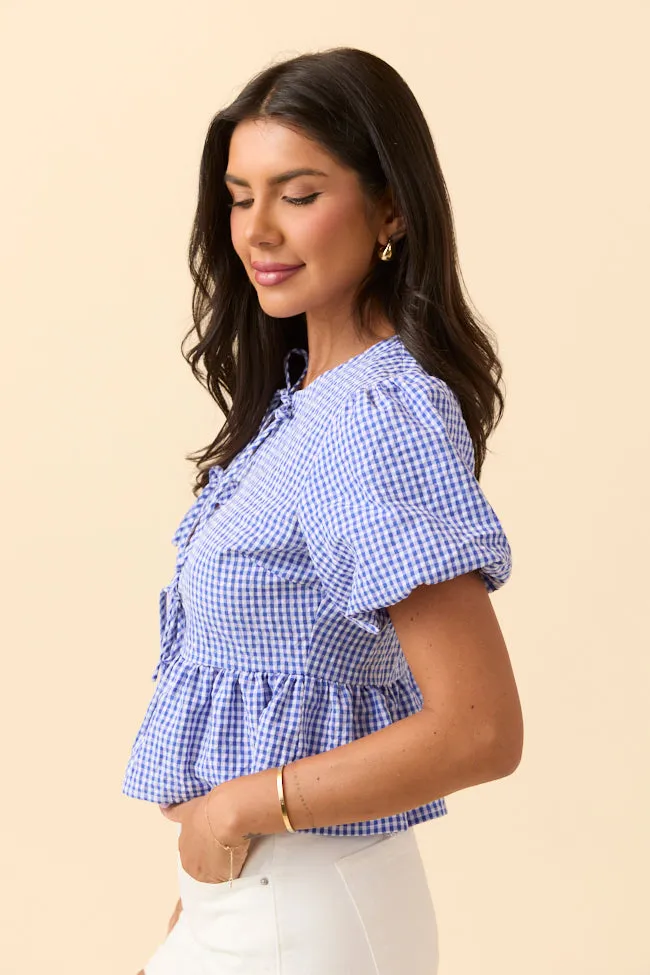 Mila Blue Gingham Tie Front Flounce Woven Blouse sold by Pink Lily product image thumbnail 3