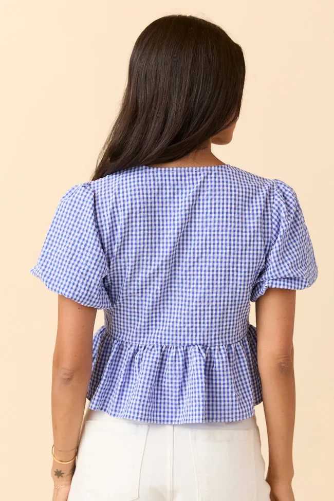 Mila Blue Gingham Tie Front Flounce Woven Blouse sold by Pink Lily product image thumbnail 4