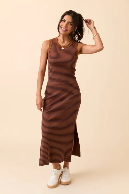 Emmie Lou Brown Striped Ribbed Knit Maxi Dress sold by Pink Lily