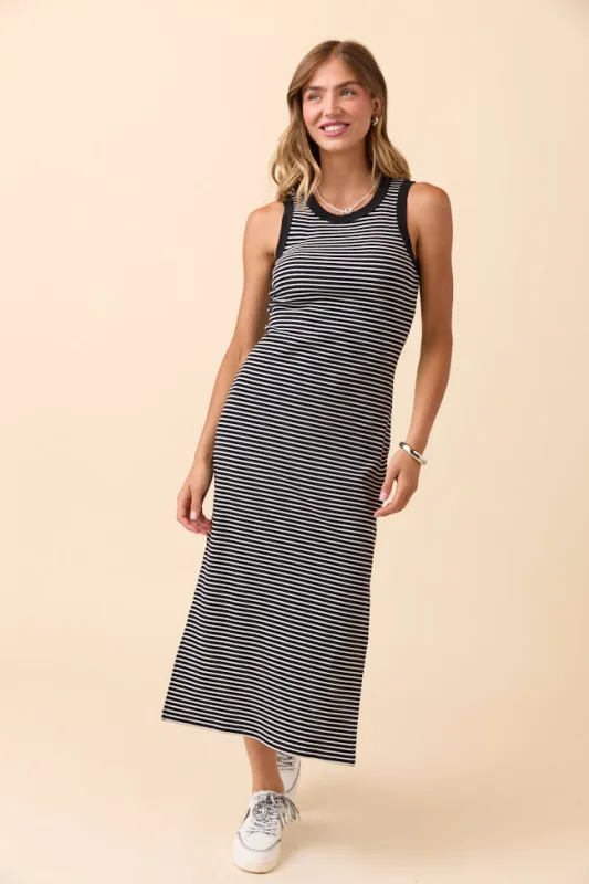 Emmie Lou Black Striped Ribbed Knit Maxi Dress sold by Pink Lily