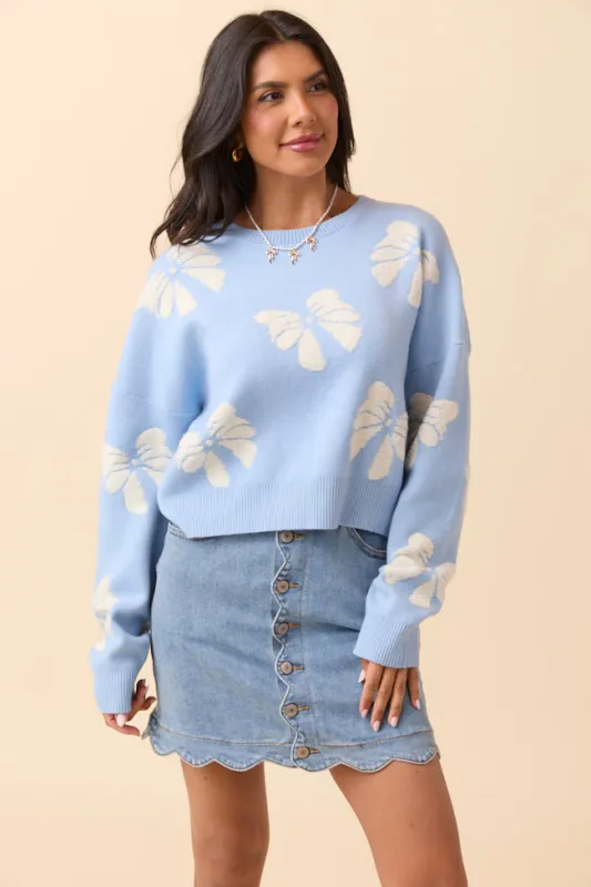 Faye Long Sleeve Blue Bow Print Sweater SALE sold by Pink Lily