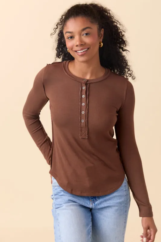 McClaine Chocolate Long Sleeve Henley sold by Pink Lily