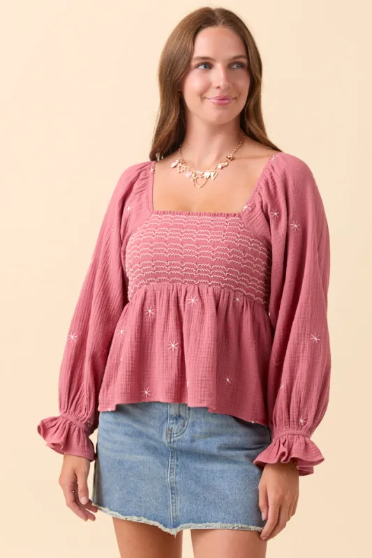 Lisette Mauve Floral Embroidered Gauze Smocked Peplum Top sold by Pink Lily