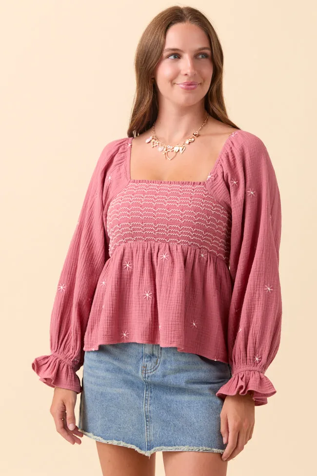 Lisette Mauve Floral Embroidered Gauze Smocked Peplum Top sold by Pink Lily