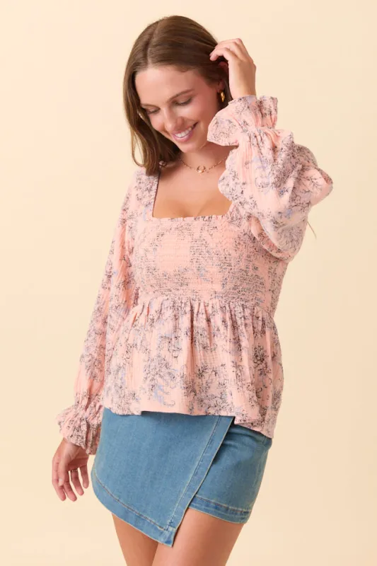 Lisette Pink Floral Gauze Smocked Peplum Top SALE sold by Pink Lily